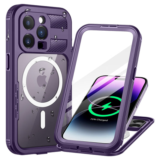 Lanhiem Magnetic for iPhone 14 Pro Max Case, Waterproof Dustproof Case with Built-in Screen Protector Compatible with Magsafe, Full Body Protective Cover for iPhone 14 Pro Max 6.7 inch -Purple