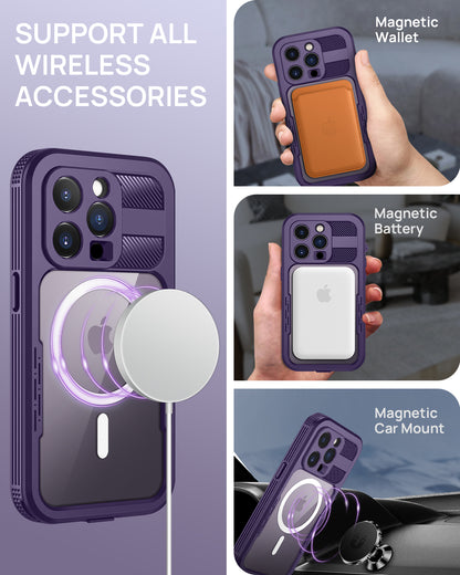 Lanhiem Magnetic for iPhone 14 Pro Max Case, Waterproof Dustproof Case with Built-in Screen Protector Compatible with Magsafe, Full Body Protective Cover for iPhone 14 Pro Max 6.7 inch -Purple