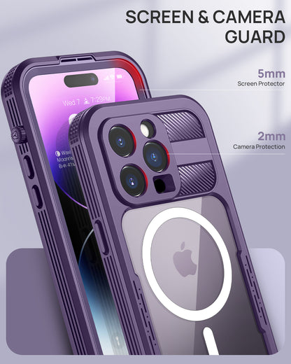 Lanhiem Magnetic for iPhone 14 Pro Max Case, Waterproof Dustproof Case with Built-in Screen Protector Compatible with Magsafe, Full Body Protective Cover for iPhone 14 Pro Max 6.7 inch -Purple