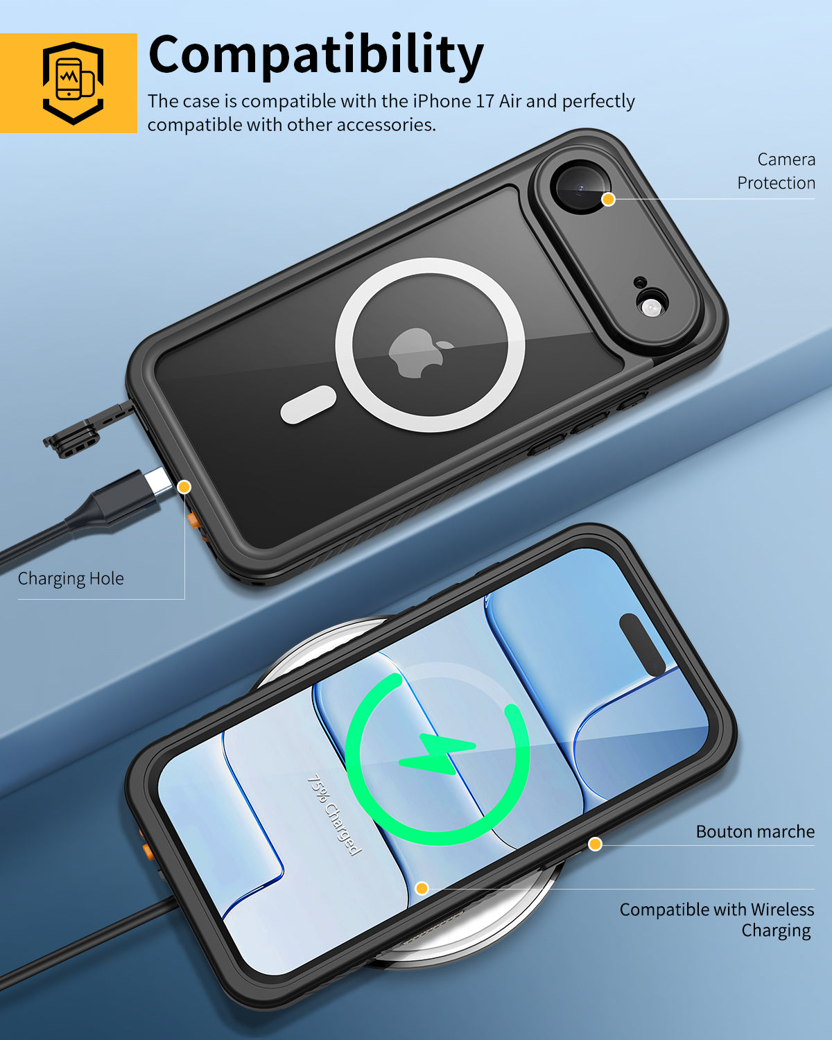 Lanhiem Magnetic for iPhone Air Phone Case, IP68 Waterproof Dustproof Phone Case, [Compatible with Magsafe] [Built-in Screen Protector] Full Body Heavy Duty Rugged Phone Cover 17 Air 6.5 inch, Black