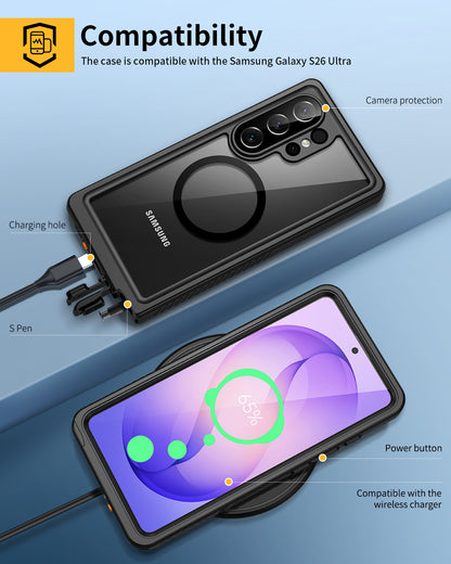 Lanhiem for Samsung Galaxy S26 Ultra Case, IP68 Waterproof Dustproof, Magnetic, Built-in Screen Protector, Rugged Full Body Shockproof Cover for Galaxy S26 Ultra 5G 6.9 Inch, Black/Clear